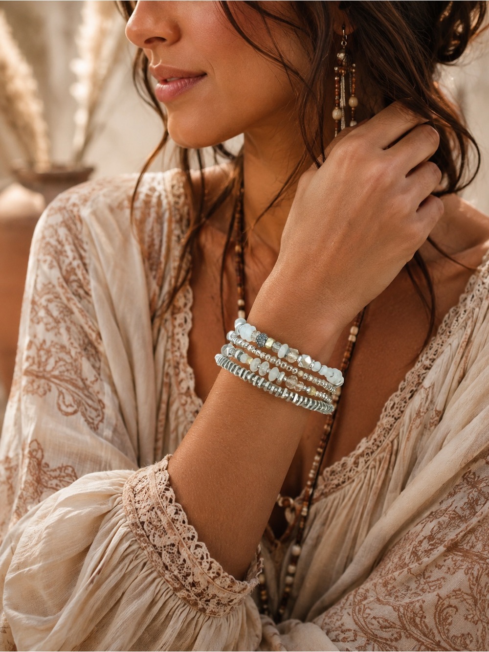 Stella & Dot Ivory and Gold Beaded Bracelet Stack